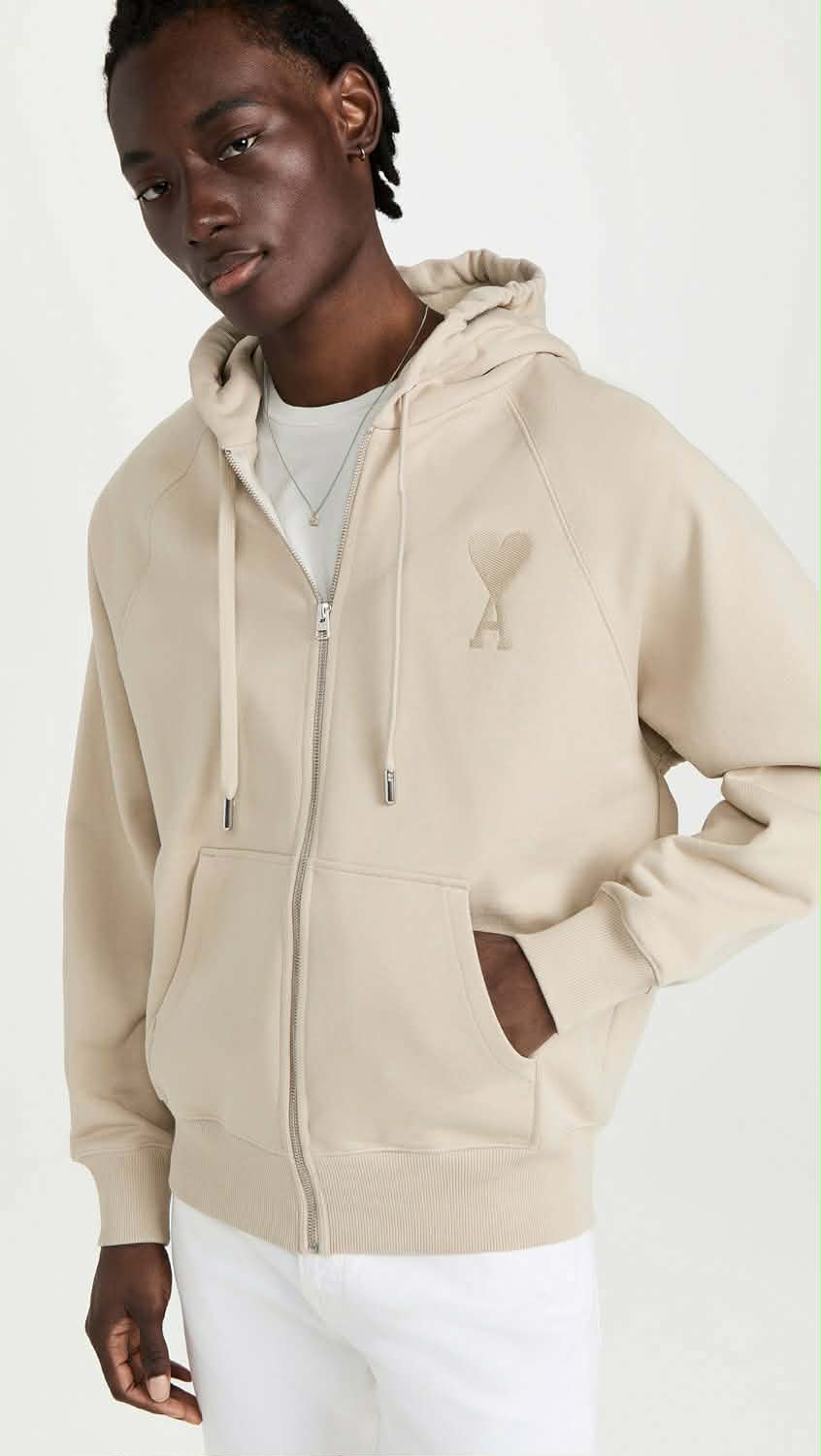 Hoodie Zippé Beige Ami De Coeur Embossé en Coton